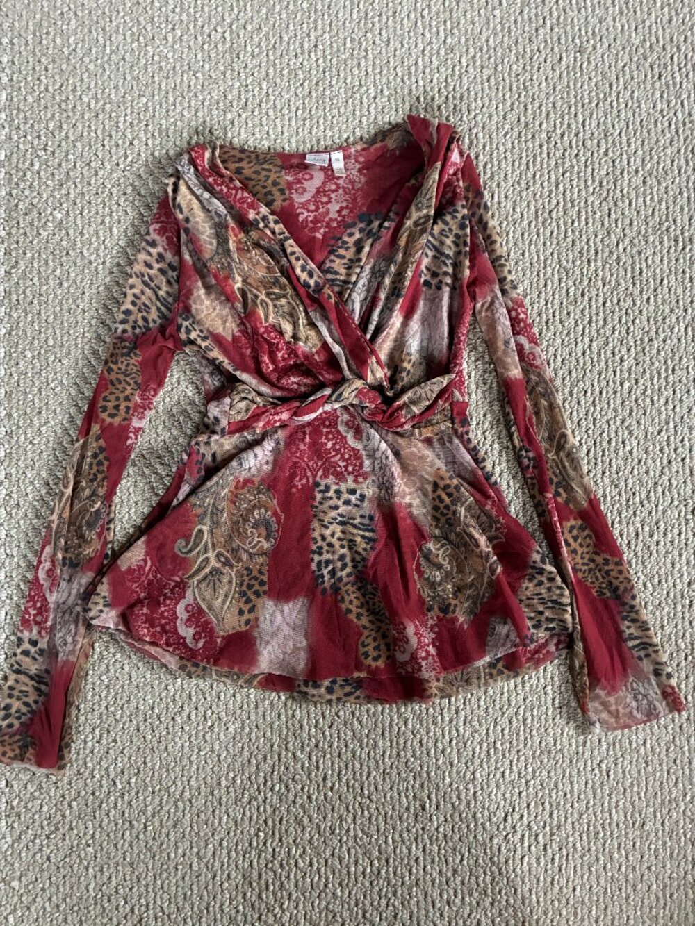 Johnny Heaven Y2K Medium Red Mesh Mock Wrap Blouse Long Sleeve
